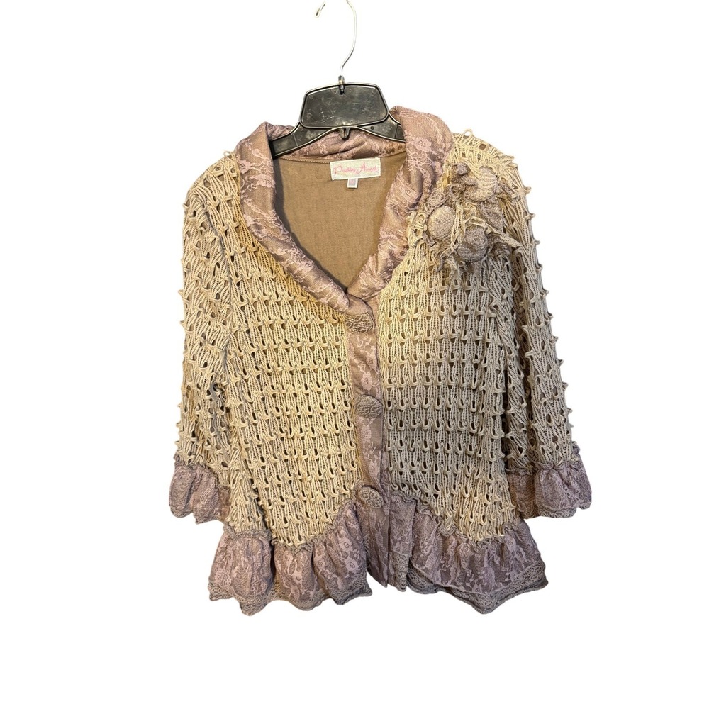 Pretty Angel Womens Open Knit Lace Ruffle Cardigan Mauve Tan Shabby Chic Medium